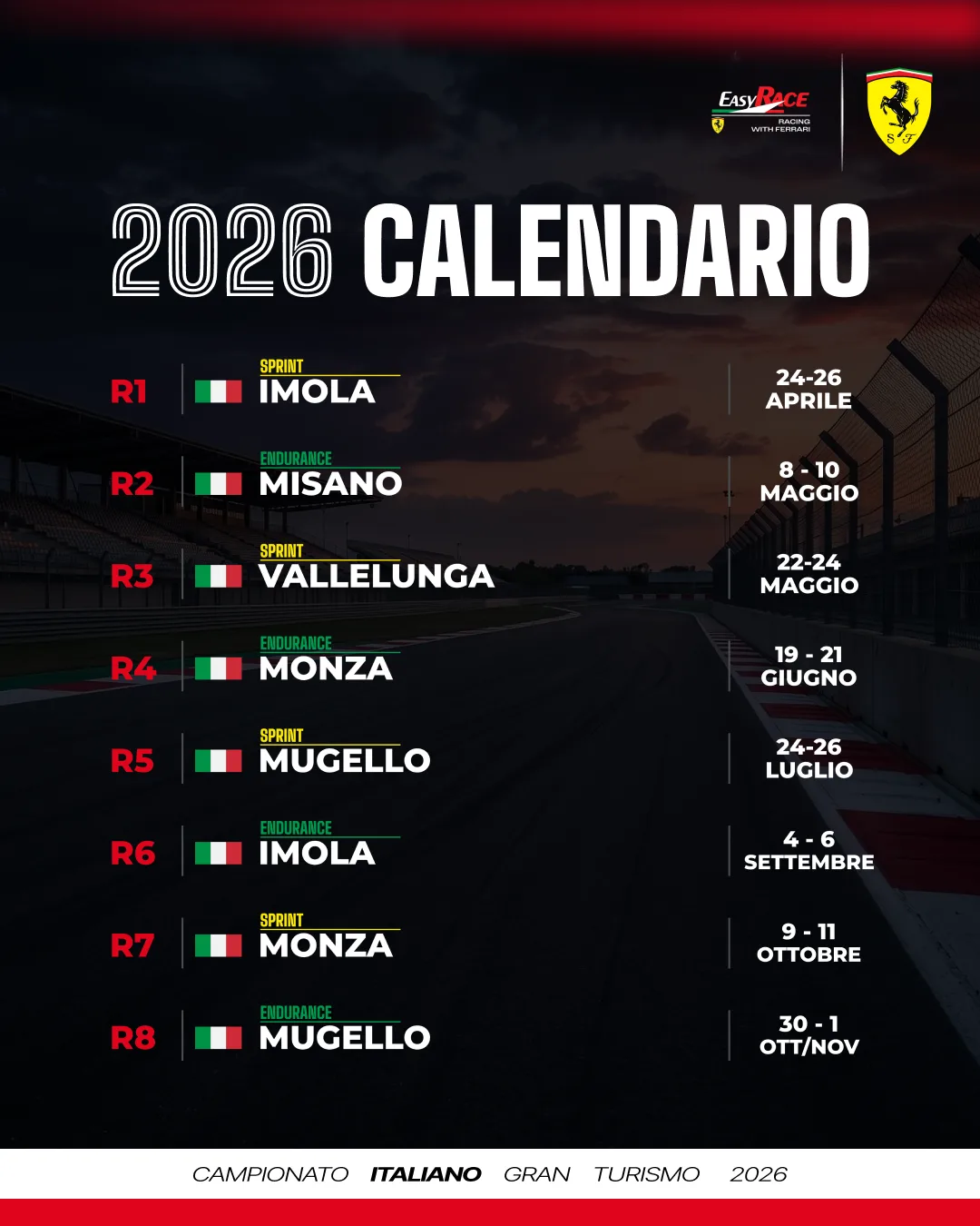 2026 season calendar post listing all eight rounds